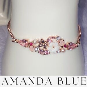 18kt Rose Gold Flower Butterfly Pink Crystal Pearl Cluster Bolo Bracelet